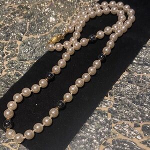 Elegant Pearl and Black Bead Necklace
